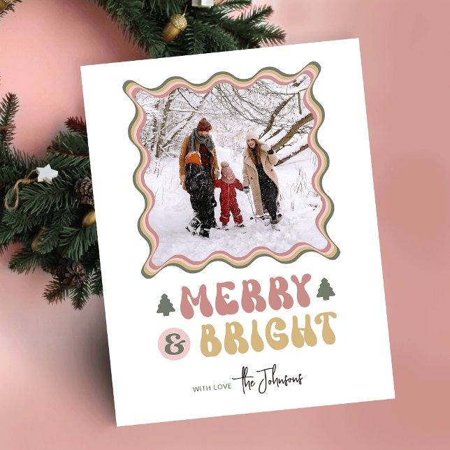 Merry & Bright Colorful 80s Retro Photo Christmas Holiday Card
