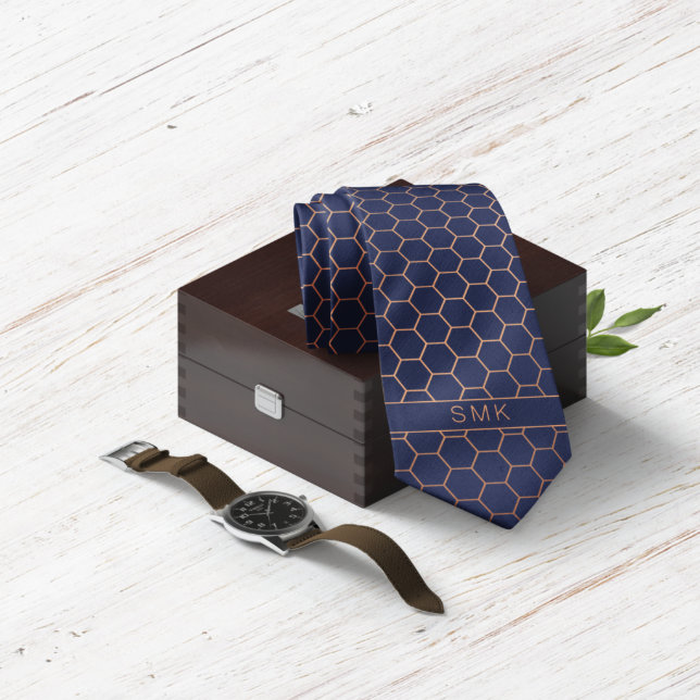 Modern Navy Blue Rose Gold Foil Geometric Monogram Neck Tie (Creator Uploaded)