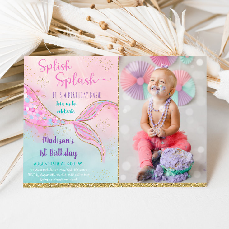 Mermaid Pink Purple First Birthday Invitation