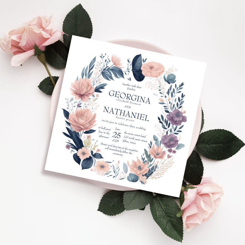 Pretty Pink Navy Purple Floral Foliage Wedding Invitation (Creator Uploaded)