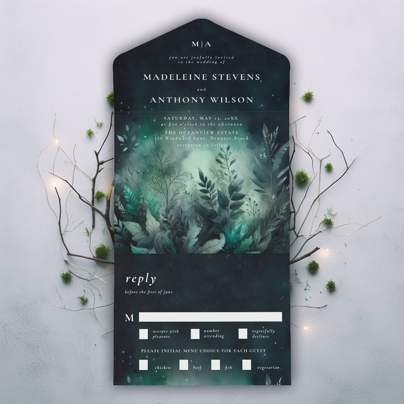 Enchanted Garden Emerald Fairytale Magical Wedding All In One Invitation (enchanted garden magical fairytale fairy greenery all in one trifold wedding invitation modern class)