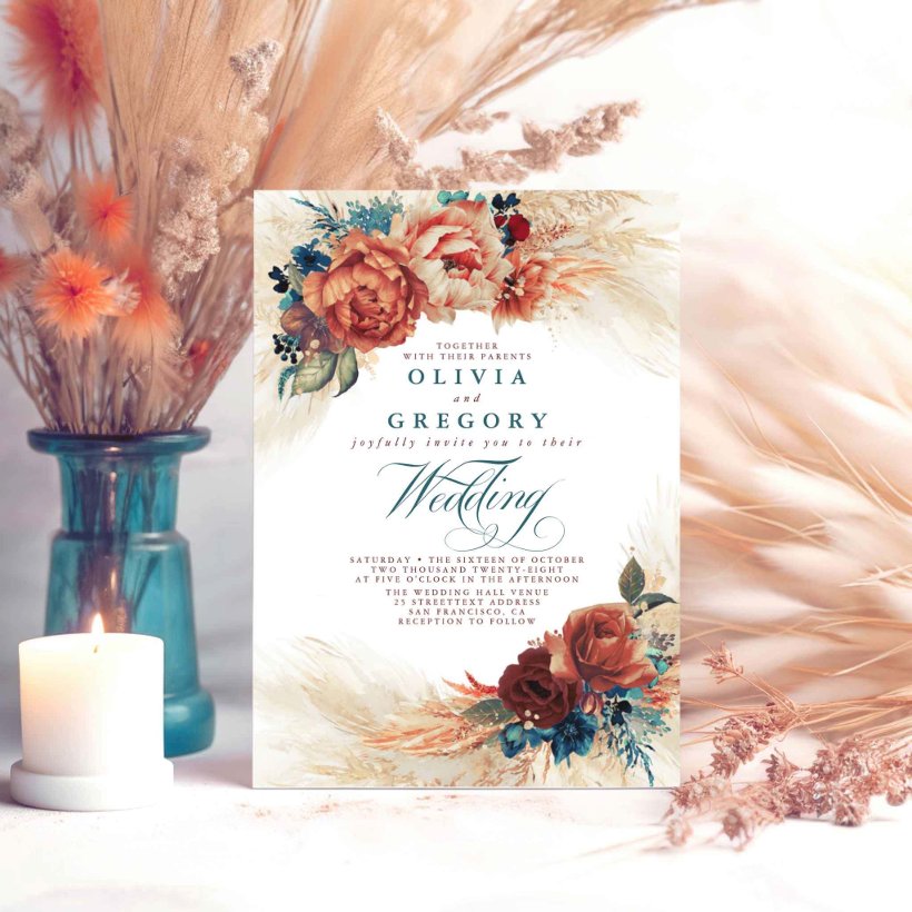 Terracotta and Teal Floral Elegant Boho Wedding Invitation (Teal and Terracotta Floral Wedding Invitations)
