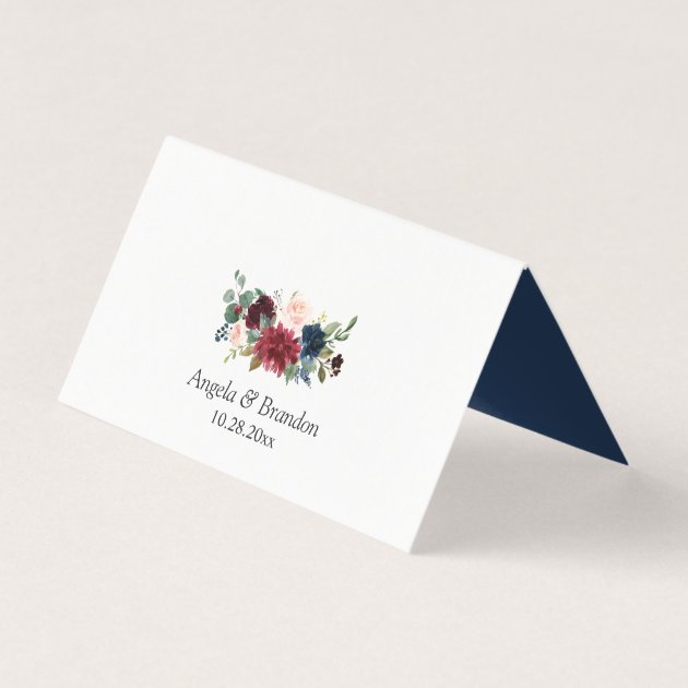 Burgundy Blush Navy Blue Floral Wedding Table Place Card
