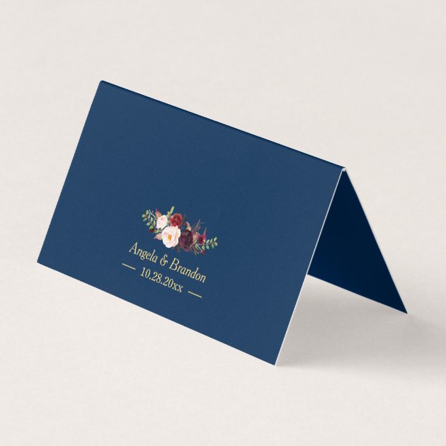 Burgundy Red Floral Navy Blue Gold Frame Wedding Place Card