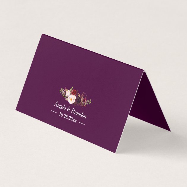 Plum Purple Floral Silver Gray Frame Wedding Place Card
