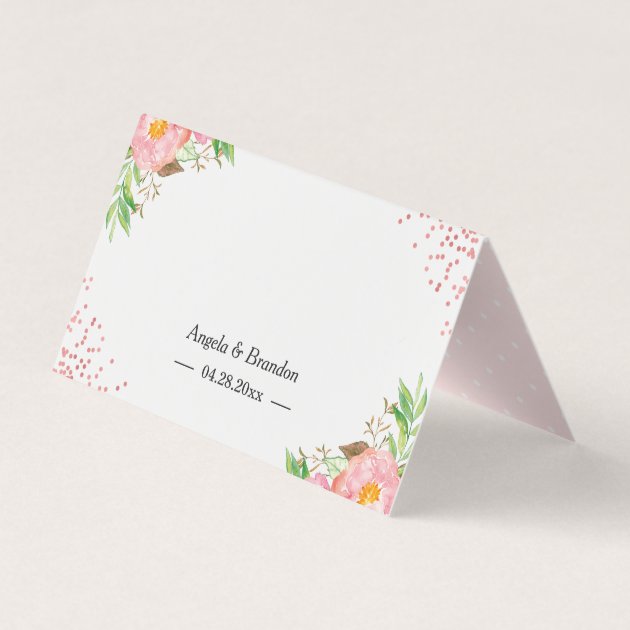 Elegant Chic Pink Floral Confetti Wedding Table Place Card