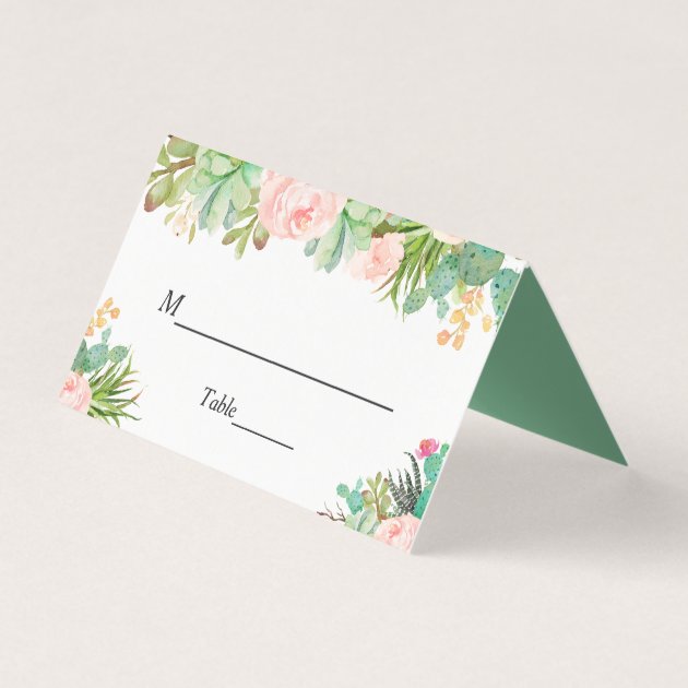 Blush Green Succulent Cactus Floral Wedding Table Place Card