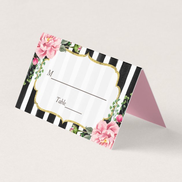 Watercolor Floral Stripes Gold Frame Wedding Table Place Card