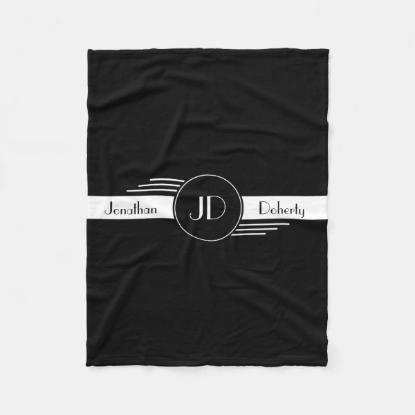 Monogram Black and White Art Deco Fleece Blanket