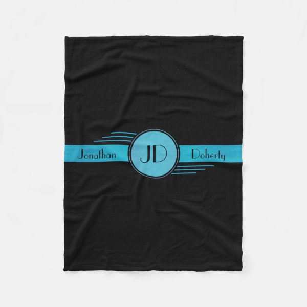 Monogram Black and Blue Art Deco Fleece Blanket