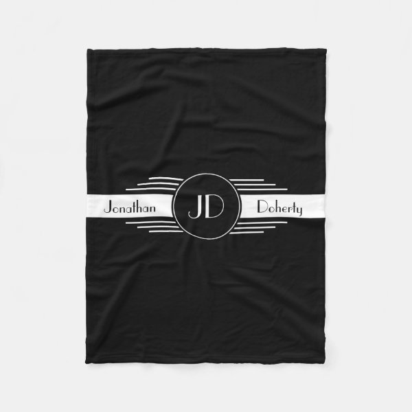 Monogram Black and White Art Deco Fleece Blanket