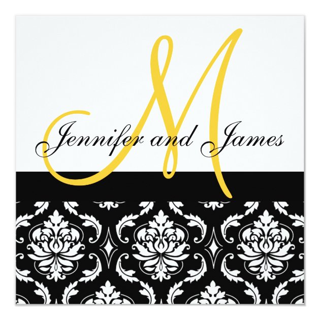 Wedding Invitation Monogram Names Yellow Damask (front side)