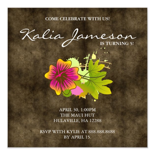Luau Birthday Party Invite Hibiscus Flower Suede (front side)