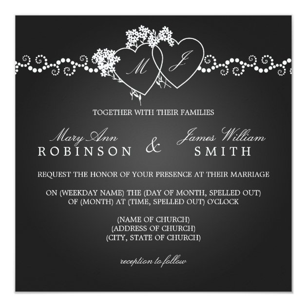 Elegant Wedding Monogrammed Hearts Black Invitation (front side)