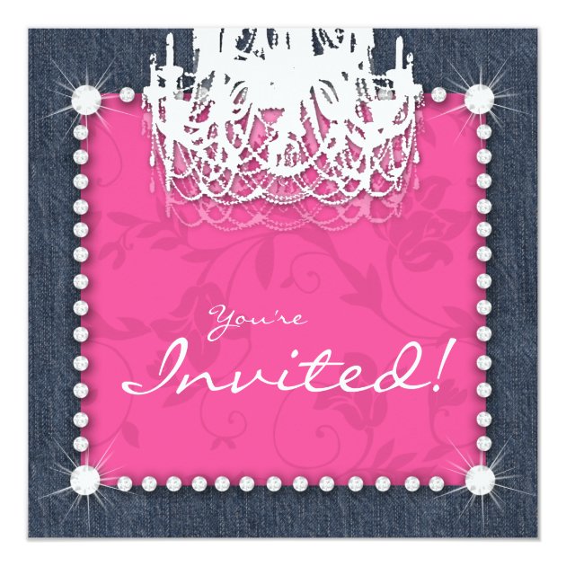 Denim n Diamonds Wedding Chandelier Floral Pink Invitation