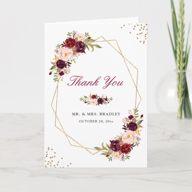 Rustic Burgundy Floral Gold Frame Thank You