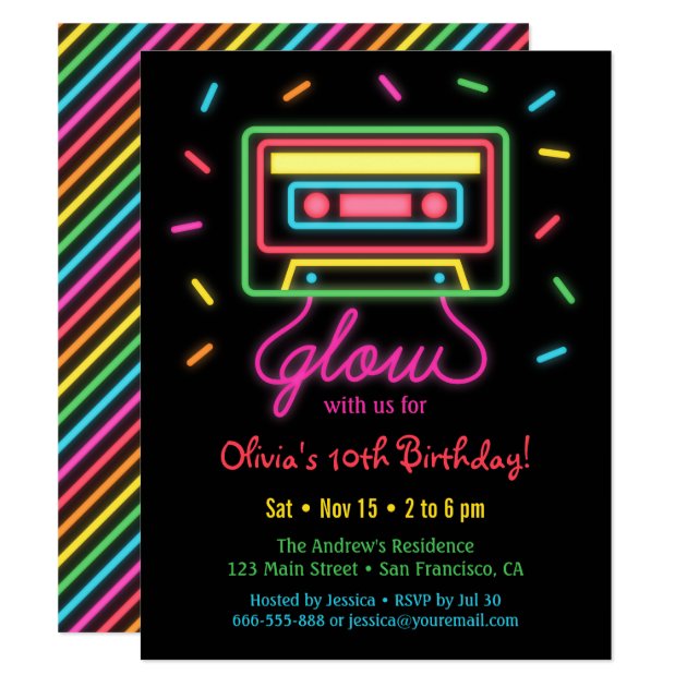Faux Retro Cassette Neon Glow Birthday Party Invitation