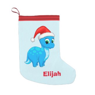 Cute Blue Baby Dinosaur with Santa Hat Small Christmas Stocking