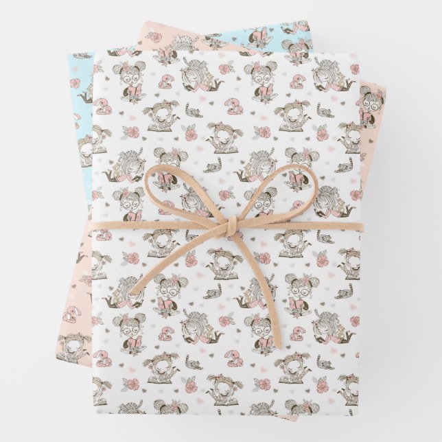Cute Girls Reading Books Gift Ideas Wrapping Paper Sheets (In situ)