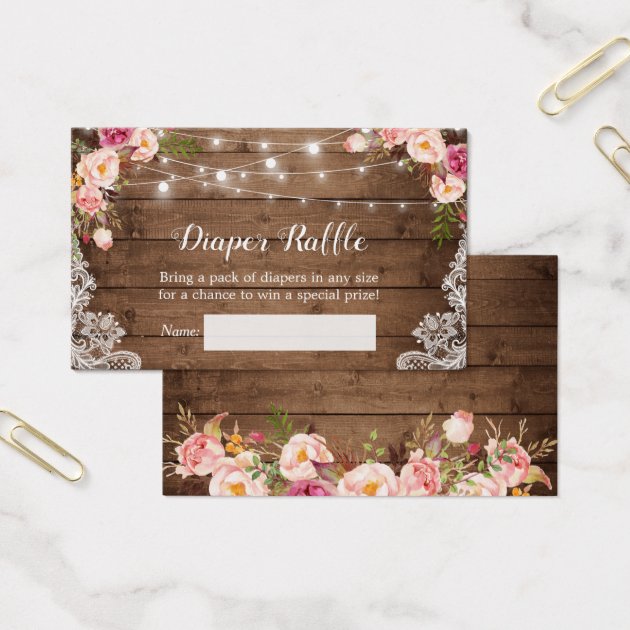Rustic Floral String Lights Lace Diaper Raffle Business Card