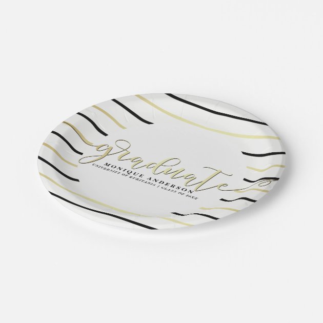 Black White & Gold Script & Stripes | Grad Party Paper Plate