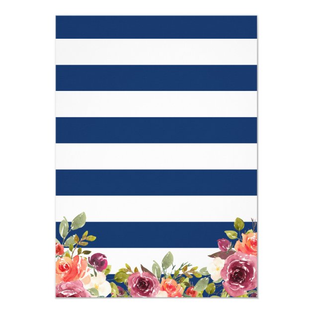 Nautical Floral Anchor Navy Blue Stripes Wedding Invitation