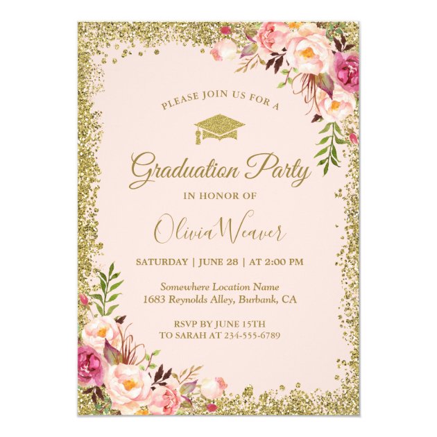 Blush Pink Gold Glitters Floral Photo Graduation Card