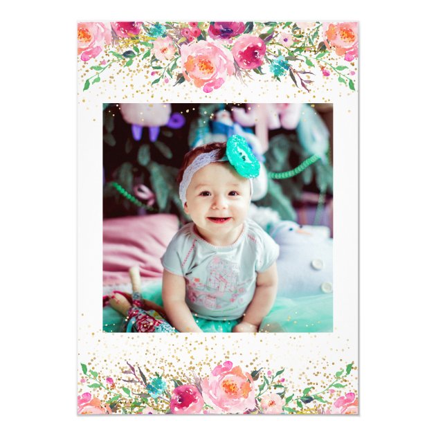 Beautiful Pink Floral Bunny 1st Birthday Photo Card