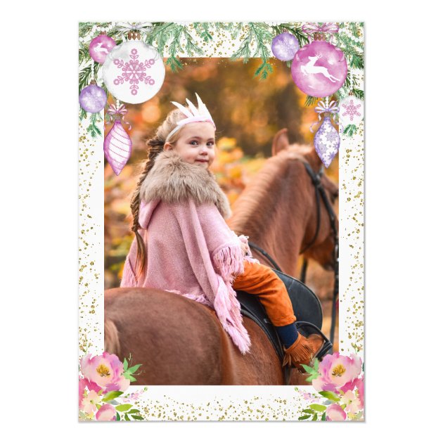 Magical Christmas Floral Unicorn Photo Birthday Invitation