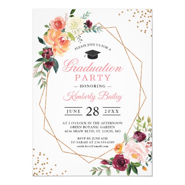 Beautiful Floral Gold Frame Photo Graduation Party Card
