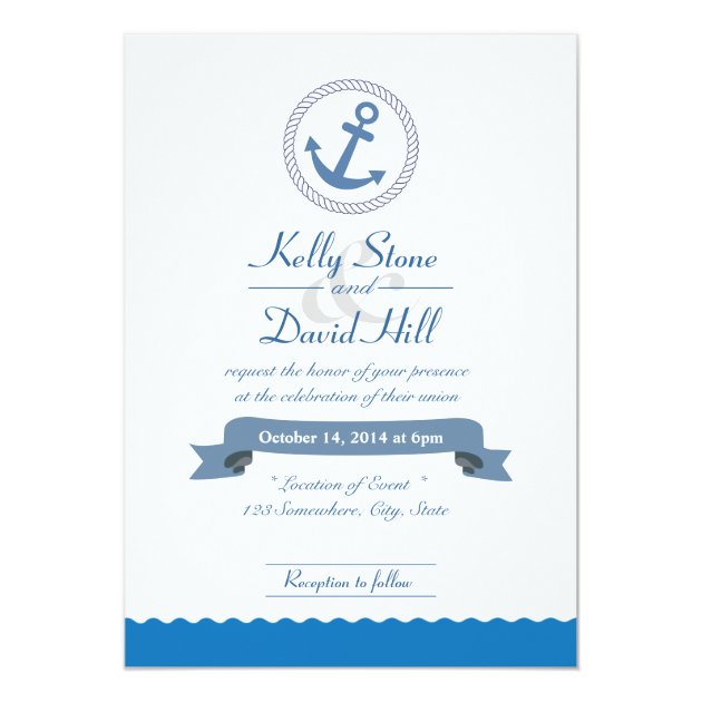 Nautical Anchor & Blue Waves Wedding Invitations (front side)