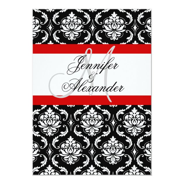 Wedding Monogram Red Damask Invitation Front View (front side)