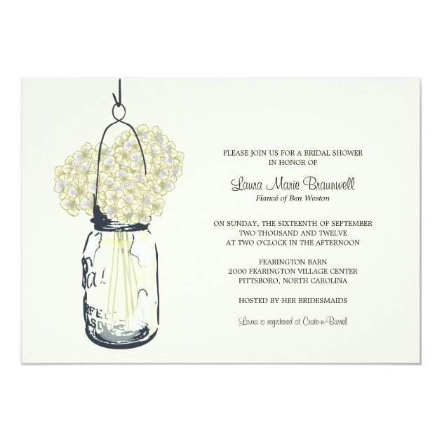 Ivory Hydrangea & Mason Jar Bridal Shower Invitation (front side)