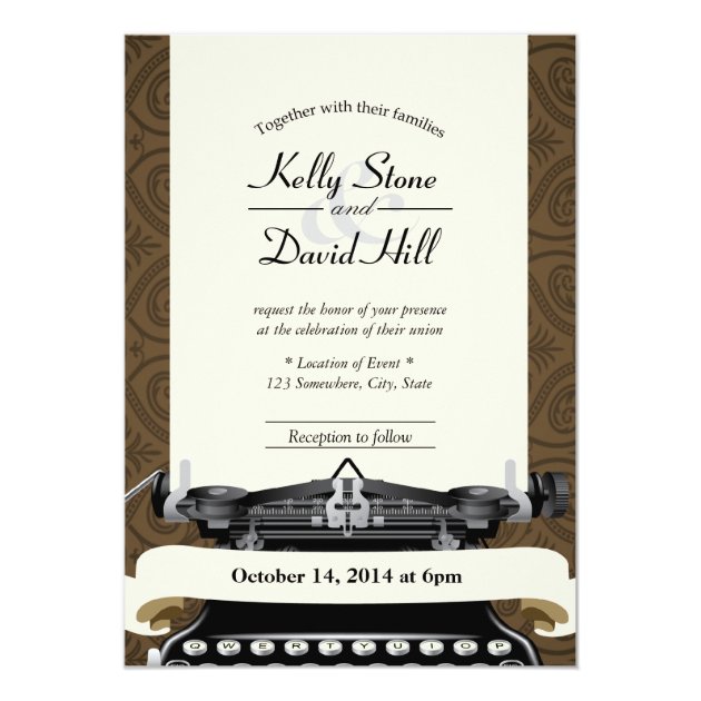 Old Typewriter Brown Damask Wedding Invitations