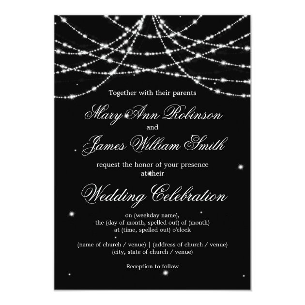 Elegant Wedding Sparkling String Black Invitation (front side)