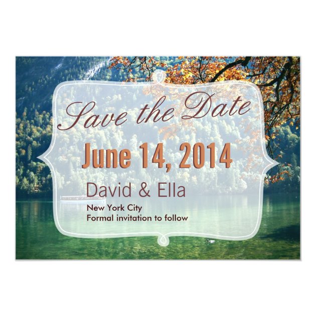 Autumn Lake Scene Save the Date Announcement (front side)