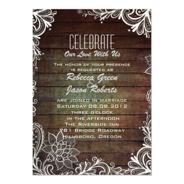 modern rustic barnwood lace country wedding invitation (front side)