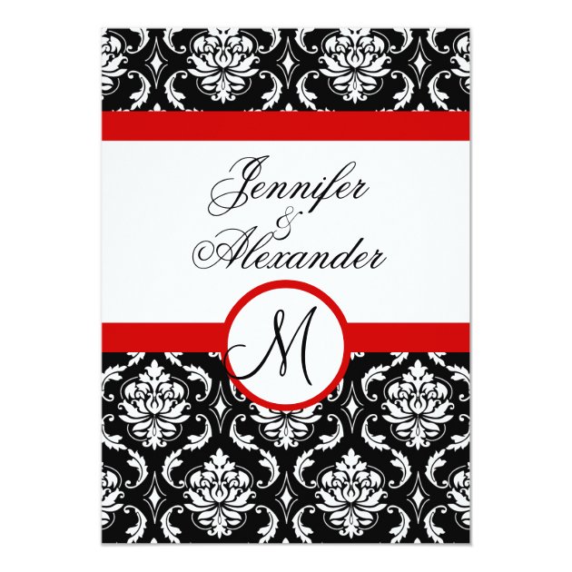 Wedding Monogram Red Damask Invitation Front View (front side)