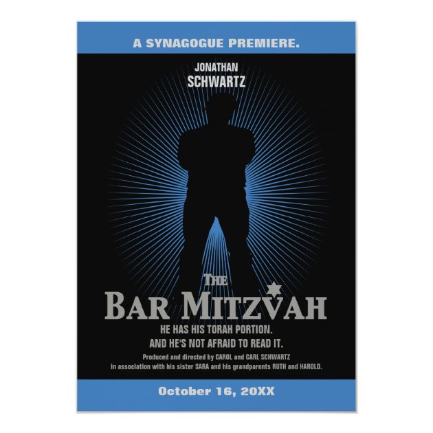 Bar Mitzvah Movie Star Invitation in Blue, Black (front side)