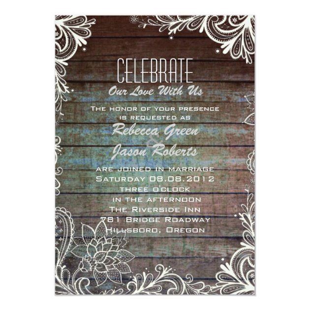 modern rustic barnwood lace wedding invitation