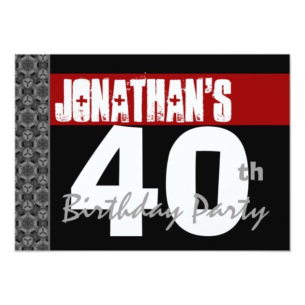 40th Birthday Party Black White Pattern and Red Invitation