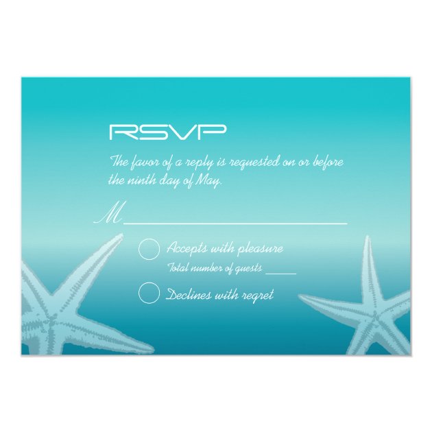 Stylish Starfish Shades of Teal Wedding RSVP Card (front side)