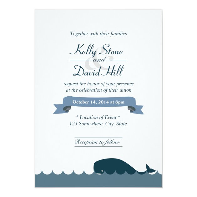 Nautical Blue Whale & Waves Wedding Invitations (front side)