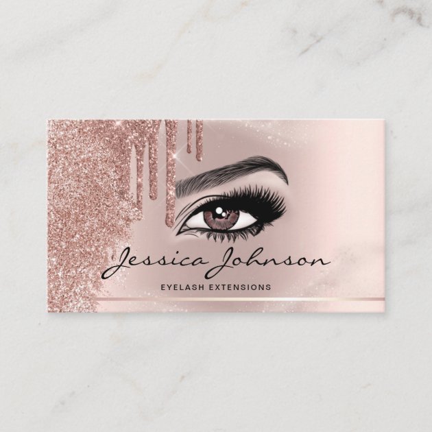 Trendy Glitter Rose gold drips Lashes marble Business Card (front side)