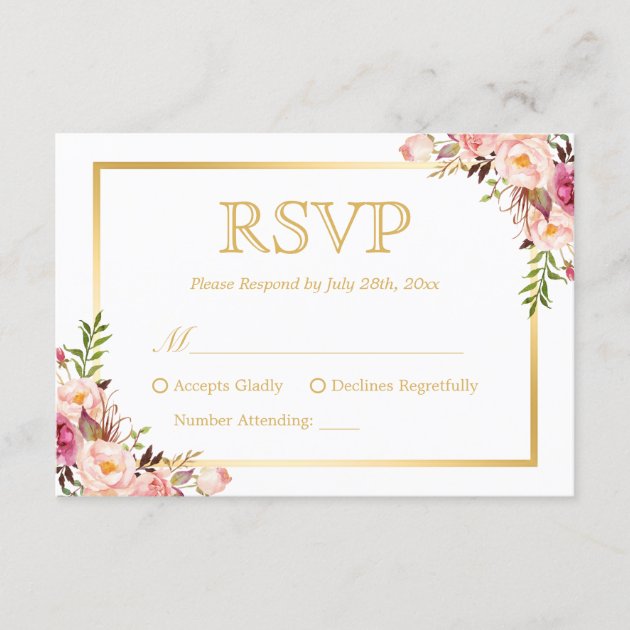 Elegant Chic Gold Pink Floral Wedding RSVP Reply