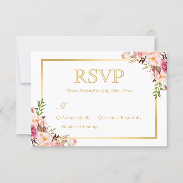 Elegant Chic Gold Pink Floral Wedding RSVP Reply (front side)