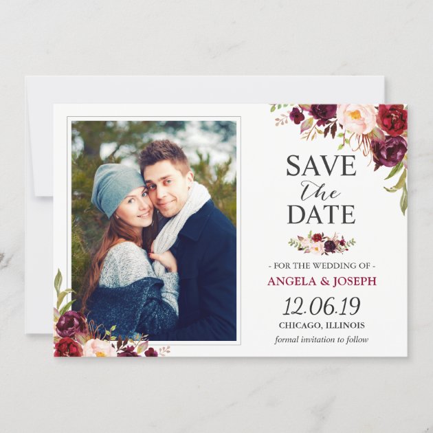 Rustic Burgundy Blush Floral Save the Date Photo (front side)