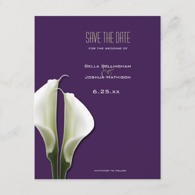 Calla Lily Save the Date on Purple Announcement (front side)