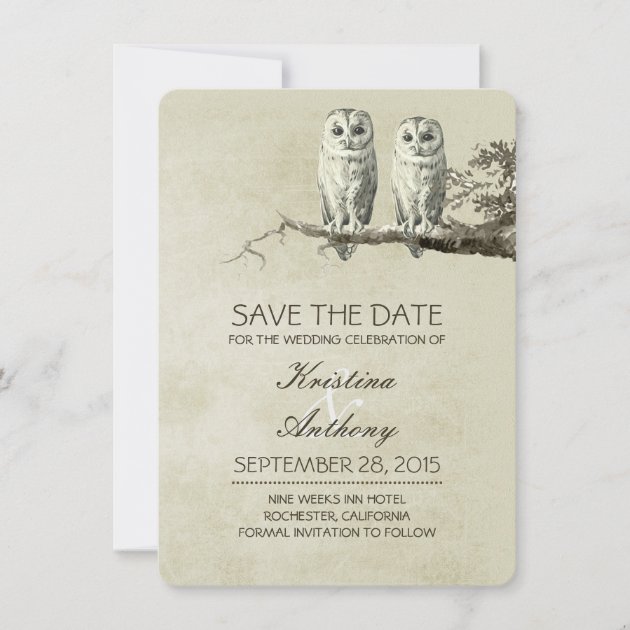 Vintage rustic save the date cards with OWL couple