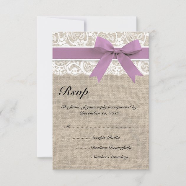 Lace and Burlap Look Olive RSVP Card Purple